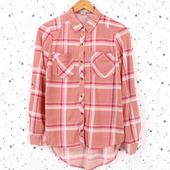 Knit Plaid Button Up Shirt Hi Lo Hem Salmon Pink - Picture 1 of 8
